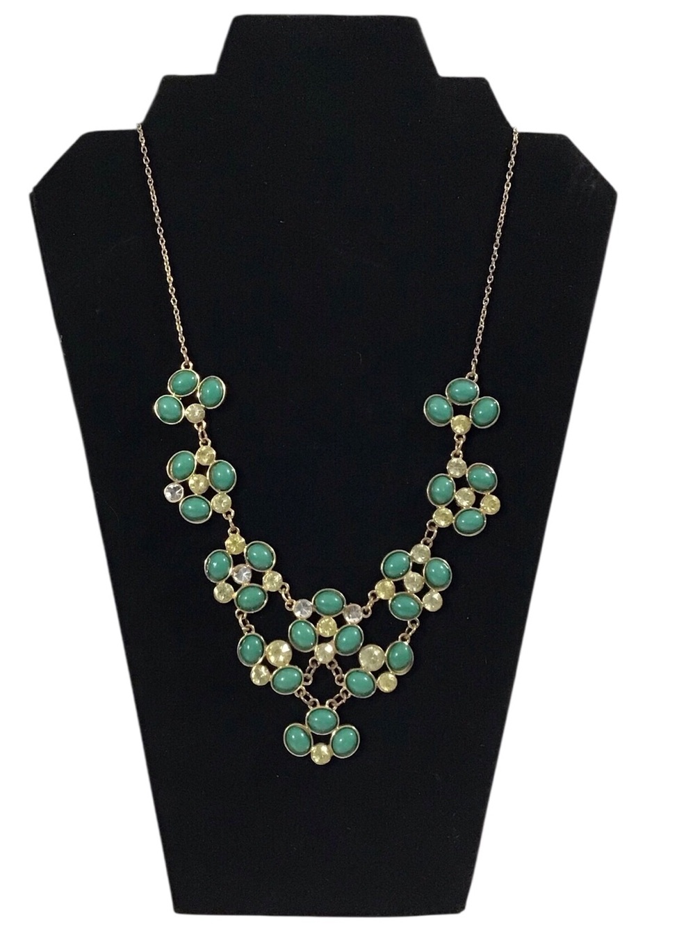 Statement Bibb Necklace Green Pale Yellow Gems Gold Tone Chain Fashion Jewelry